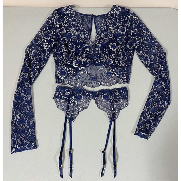 VS Navy Blue Floral Lace Bra-Top Bralette and Garter Belt Coords Matching Set 💙 - Picture 1 of 7